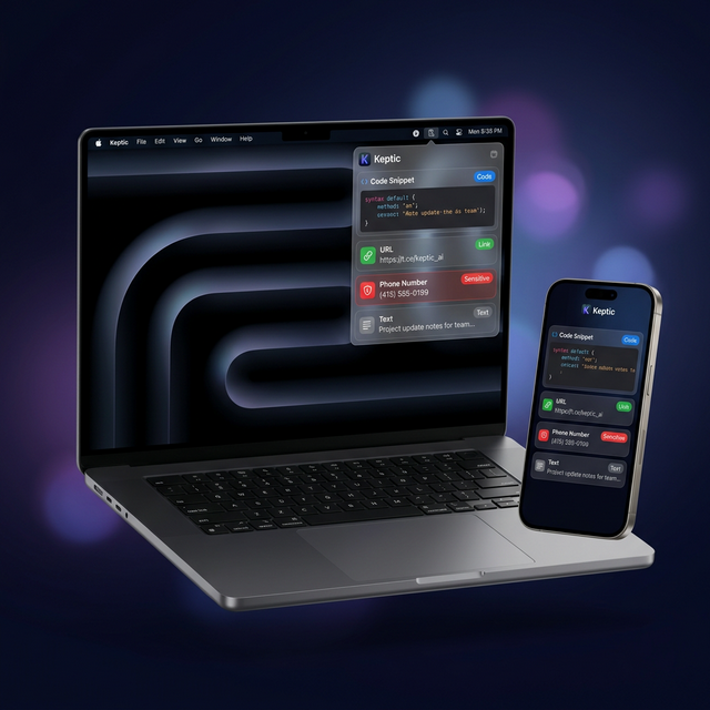 Keptic running on Mac with the clipboard history panel open